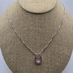 Vintage Pink Rhinestone Horseshoe Necklace – Silver Tone Chain – Lucky Charm